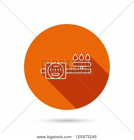 Gas counter icon. Pipe with fire sign. Round orange web button with shadow.