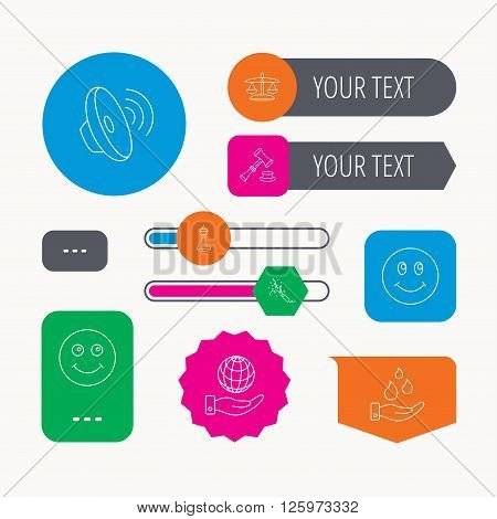 Scales of justice, auction hammer and strategy icons. Save planet and water linear signs. Smile, slapstick icons. Web buttons and app menu navigation.