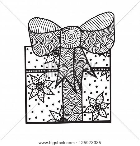 Mono color black gift with baw line art element for adult coloring book page design.