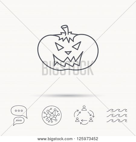 Halloween pumpkin icon. Scary smile sign. Global connect network, ocean wave and chat dialog icons. Teamwork symbol.