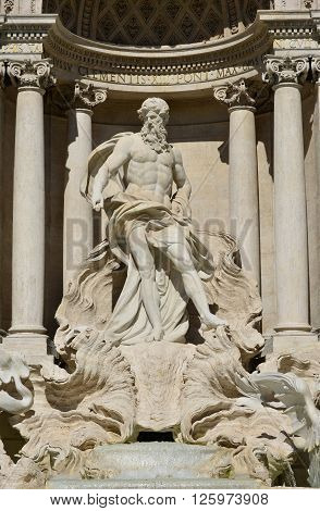 Marble statue of god Oceanus from monumental Trevi Fountain in Rome with giant shell