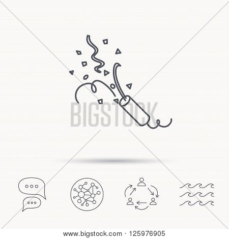 Shooting slapstick icon. Celebration sign. Global connect network, ocean wave and chat dialog icons. Teamwork symbol.