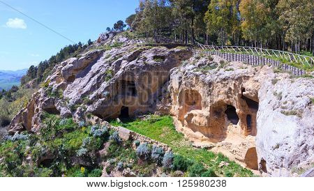 View of the Villaggio Bizantino also called the village in the rock Calascibetta. Sicily