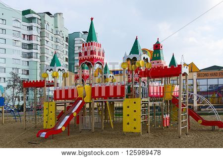 GOMEL BELARUS - APRIL 14 2016: Modern children's playground on the street Khatayevich Gomel Belarus