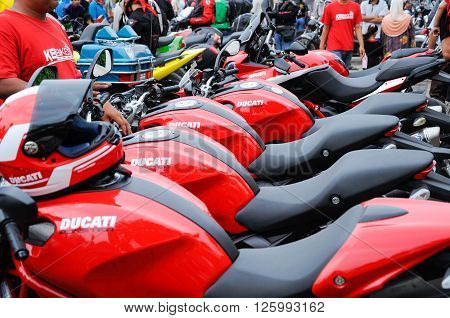 KELANTAN, MALAYSIA -JULY 07, 2012: A number of super bike motorcycle parked in rows in the open area and have been exhibited to the public.