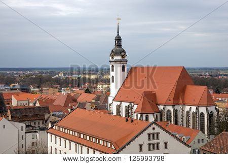 View from above of Torgau with church, Saxony, Germany