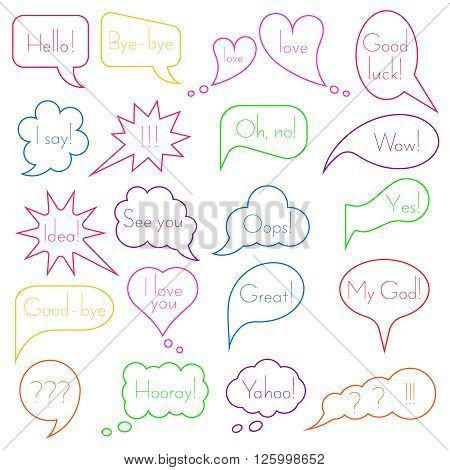 Set of simple colourful original speech bubbles with expression of various emotions or with any other text. Vector element of graphic design