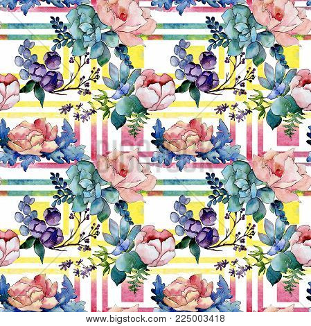 Bouquet flower patterm in a watercolor style. Full name of the plant: peony. Aquarelle wild flower for background, texture, wrapper pattern, frame or border.
