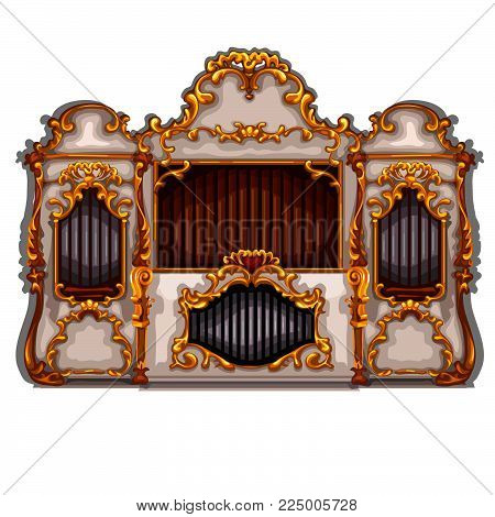 Wall In The Interior In The Baroque Style. The Steel Tubes Of The Old Organ Isolated On White Backgr