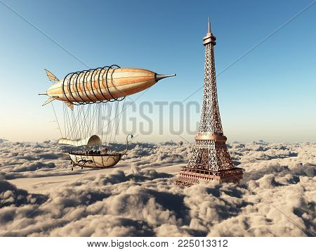 Computer generated 3D illustration with fantasy airship and Eiffel Tower in Paris over the clouds