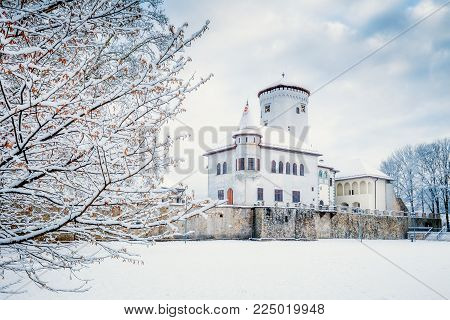 Medieval castle Budatin nearby Zilina town in winter, central Europe, Slovakia.