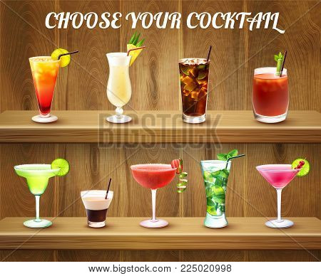Drinks realistic composition with two shelves and various cocktail glasses of different shape and colour ingredients vector illustration