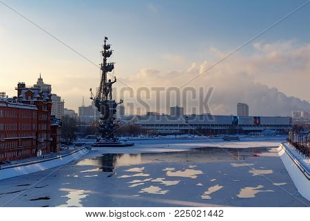 Moscow, Russia - February 01, 2018: Moscow in winter. Monument to Peter I on the Moskva River