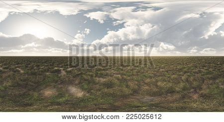 Computer generated 3D illustration with a spherical 360 degrees seamless panorama of a steppe