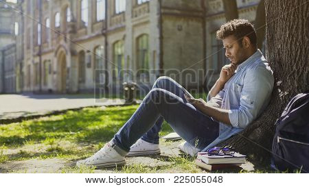 Male Sitting Under Tree, Using Mobile Phone, Reacting To Newsfeed, Confusion, Stock Footage