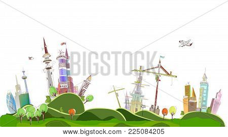 City view with skyscrapers of business area, building construction site with cranes