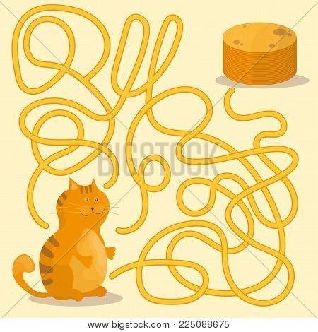 Cartoon Illustration of Paths or Maze Puzzle Activity Game with Kitten and Pancakes