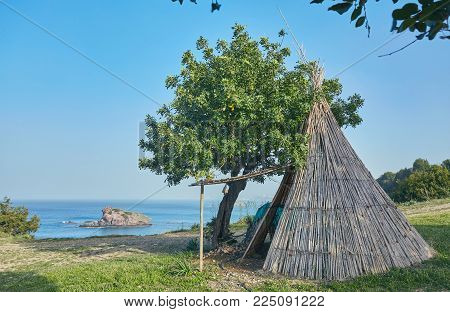 Looking across a campsite towards Chrysohou Bay, Laatchi, Polis and the Troodos Mountains, Akamas Peninsula, Paphos, Cyprus.