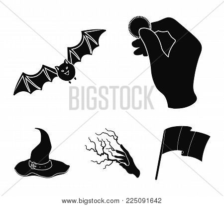 Focus with a coin, a bat, a mage's hat, a lightning-fast spell.Black and white magic set collection icons in black style vector symbol stock illustration .