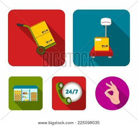 Warehouse, scales with a box, trolley for transportation, twenty-four-hour communication.Logistic set collection icons in flat style vector symbol stock illustration .