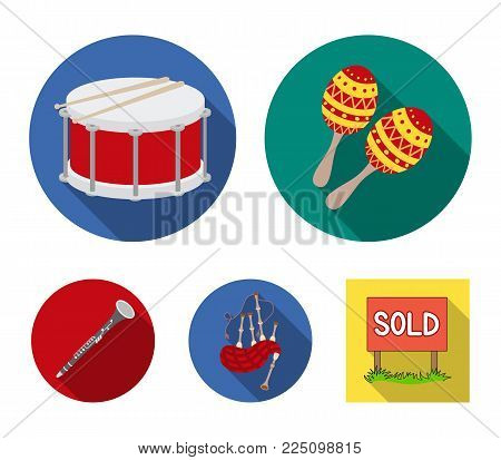 Maracas, drum, Scottish bagpipes, clarinet. Musical instruments set collection icons in flat style vector symbol stock illustration .