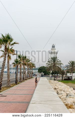 Tall Palm Trees Along The Malaguera Beach With Lighthouse In The Background In Malaga, Spain, Europe