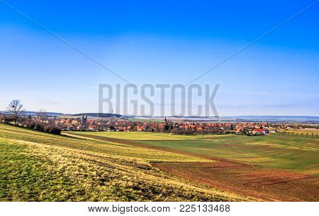 View on autumn landscape with view on monastery by Druebeck in Germany