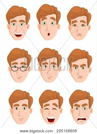 Face expressions of a man with blond hair. Different male emotions set. Attractive cartoon character. Vector illustration isolated on white background.