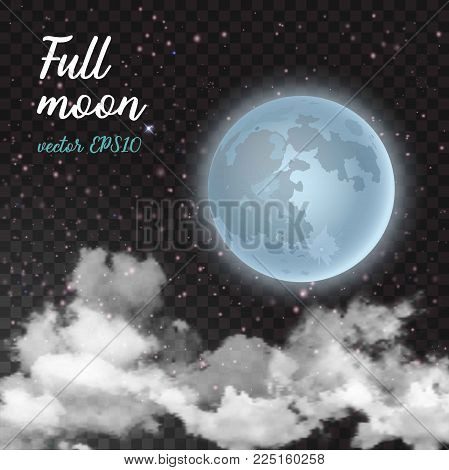 Moon skyscape with realistic night moon and few clouds floats isolated on transparent background. Vector illustration