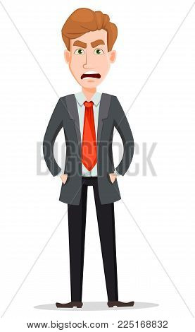 Business man with blond hair, cartoon character. Handsome businessman in suit with angry face and hands in pockets. Vector illustration isolated on white background.