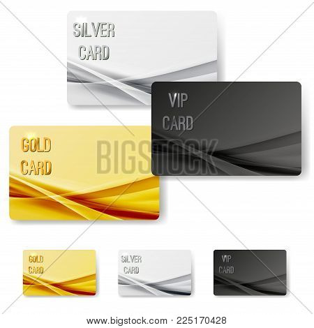Abstract mild wave pattern vip membership cards collection. Golden, silver, platinum metallic customer satisfaction certificates set. Vector illustration
