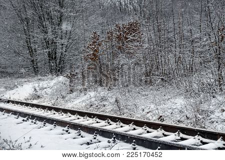 winter landscape, the railway track goes into the distance, on the sides - the forest