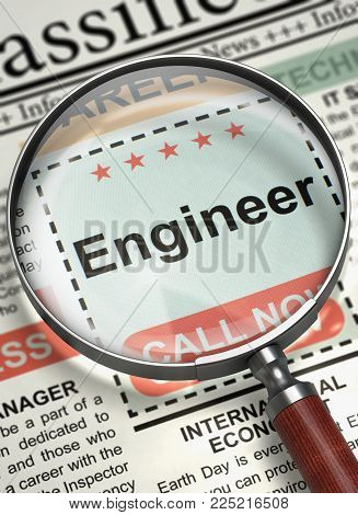 Newspaper with Small Ads of Job Search Engineer. Engineer - CloseUp View of Small Advertising in Newspaper with Magnifying Lens. Job Search Concept. Blurred Image with Selective focus. 3D.