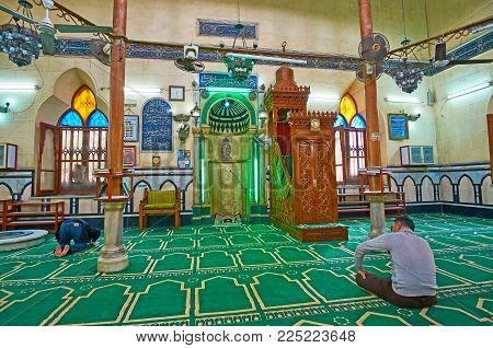 Alexandria, Egypt - December 17, 2017: Interior Of Imam Al Busiri Mosque With Stone Mihrab And Carve
