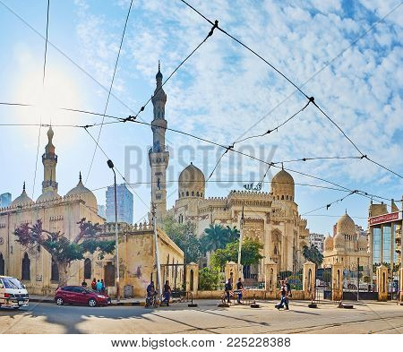 ALEXANDRIA, EGYPT - DECEMBER 17, 2017: The Mosque square with its main landmarks -  Imam Al Busiri mosque, Abu al-Abbas al-Mursi mosque and Sidi Yaqut al-Arshi mosque, on December 17 in Alexandria.