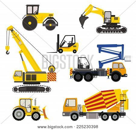 Cartoon road machinery illustration. Flat vector icons of constraction vehicles