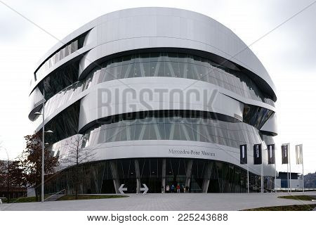 STUTTGART, GERMANY - FEBRUARY 03: The forecourt and entrance of the modern Mercedes Benz Museum on February 03, 2018 in Stuttgart.