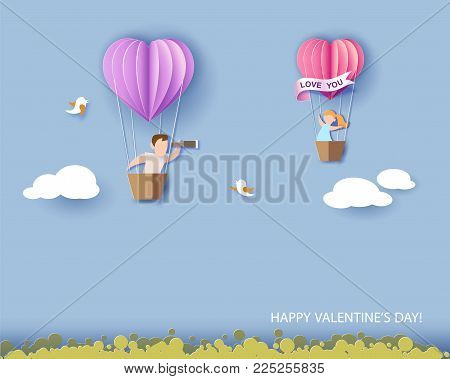 Valentines day card. Abstract background with couple in love in balloon basket, heart and blue sky. Vector illustration. Paper cut and craft style.