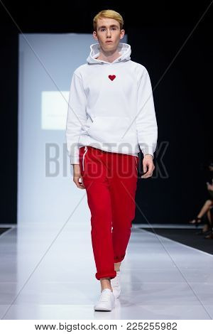 MOSCOW, RUSSIA - MARCH 26, 2017: Model walk runway for ANNETTE HOFFMANN catwalk at Autumn-Winter 2017-2018 Moscow Fashion Week.