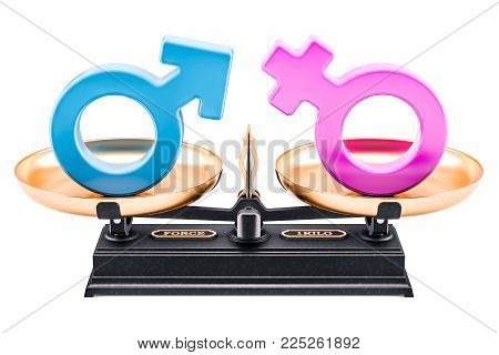 Balance concept, equality of men and women. 3D rendering isolated on white background