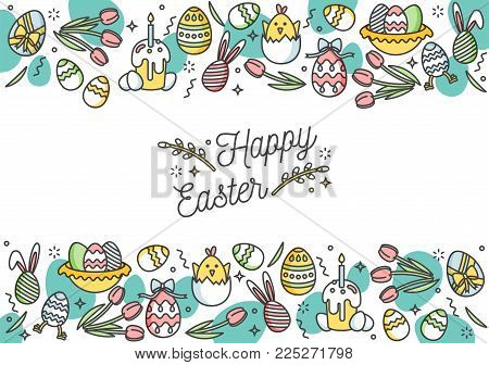Easter eggs composition. Colorful linear icons on white background. Decorative horizontal stripe from ornamental eggs. Happy Easter greeting card