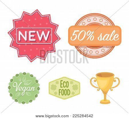 Percentage sale, new, eco food, vegan.Label, set collection icons in cartoon style vector symbol stock illustration .