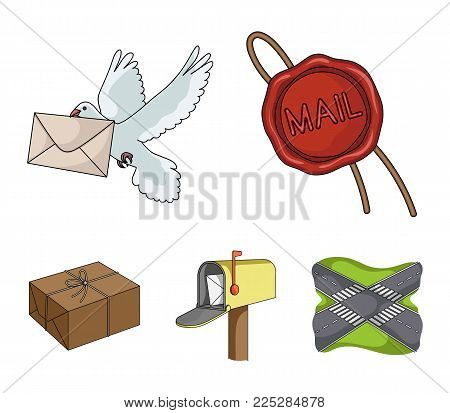 Wax seal, postal pigeon with envelope, mail box and parcel.Mail and postman set collection icons in cartoon style vector symbol stock illustration .