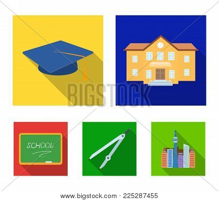 School building, college with windows, a master's or applicant's hat, compasses for a circle, a board with a chalk school inscription. School and education set collection icons in flat style vector symbol stock illustration .