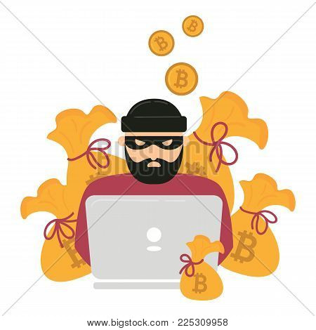 Hacker thief with notebook and bitcoin cryptocurrency. Web unsafe security concept. Swindler try to access internet transaction wallet and stole all currency. Bags of money. Electronic robbery