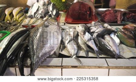 Fresh fish in Asian market. Sale of fresh sea fish in the Asian public store. Sea fish lying on the shopboard at one of the street markets. Philippines.