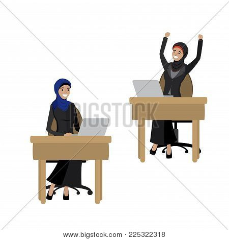 Arabic business women working at a laptop, isolated on white background, cartoon vector illustration