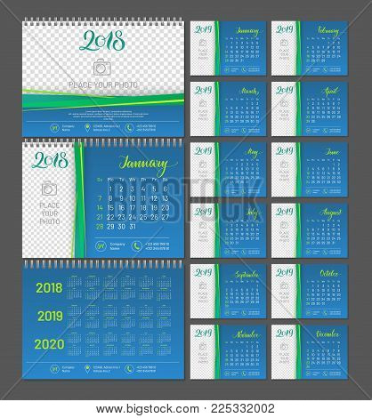 Desktop calendar 2018 year, copy space. Chart with empty backdrop for photos. Vector illustration menology with decorative elements