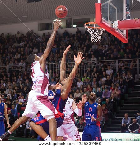 SAMARA, RUSSIA - DECEMBER 01: BC Krasnye Krylia forward Demetris Nichols #8 does a layup during the BC CSKA game on December 01, 2013 in Samara, Russia.