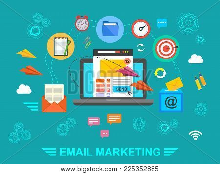 E-mail marketing. Email. Concept. Exchange of information by e-mail. Vector illustration.